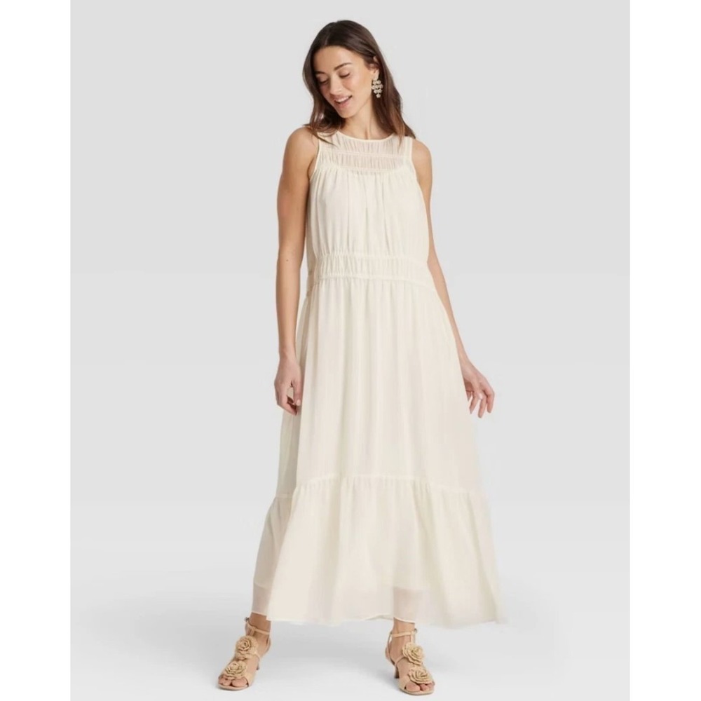 a new day Sleveeless Sheer Chiffon Maxi Dress Cream Small - Picture 4 of 4